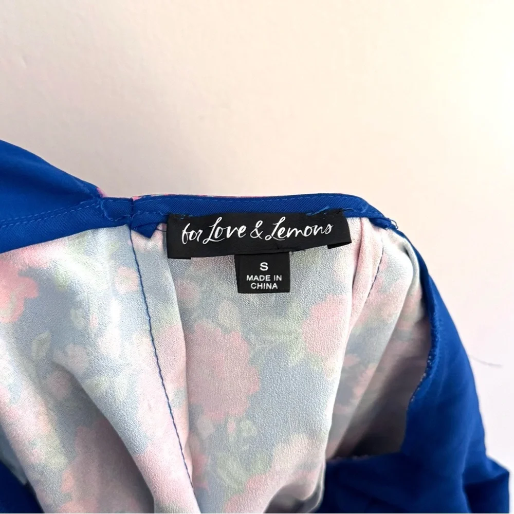 For Love & Lemons Annie Blue Purple Floral Satin Midi Dress Puff Sleeve Small